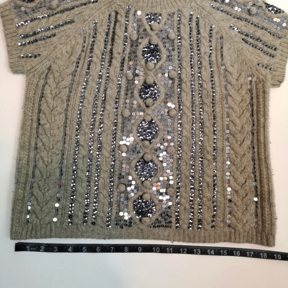 Y2k Vintage Light Grey Pewter Sequins Cable Knit Cap Sleeve Pullover Sweater - Picture 12 of 14